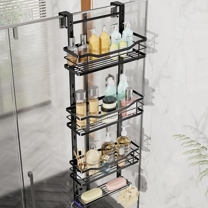 SWTYMIKI Over the Door Shower Caddy - 4 Tier Adjustable Shower Organizer Hanging with Soap Holder, No Drilling Stainless Steel Bathroom Rack Hanging for Body Wash, Shampoo, Soap, Razor, Black