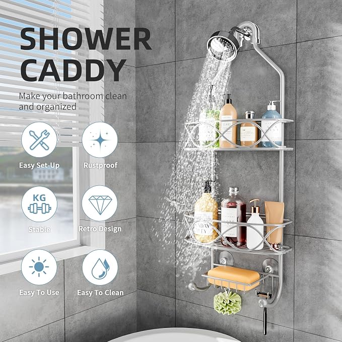 GAOKASE Shower Caddy Hanging 3 Tier with Two Movable Baskets, Grey Shower Caddy with Hooks for Towels, Sponge and More