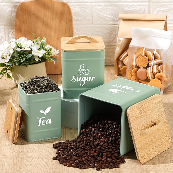 Maxdot 3 Set Coffee Sugar Tea Containers, Square Airtight Kitchen Canisters Storage Ground Organization with Bamboo Lids Rustic Metal Jars for Coffee Bar Beans, Tea Leaves, Food, Countertop(Turquoise)