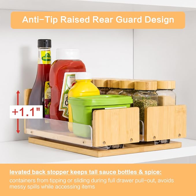 Bamboo Pull Out Spice Rack Organizer for Cabinet, 9"W x 10.6"D x 4.8"H Low Profile Pantry Vertical Organization with 2 Slide Out Drawers(4.3"w), Kitchen Storage for Spice Jars & Pantry Essentials