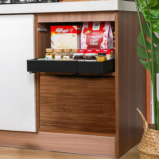 Pull Out Cabinet Organizer – Adjustable Sliding Shelf Inserts for Cabinets - Expandable Shelf Organizer from 12.6" to 20.5" – No Drill or Screw Install (Black, 1 Pack)