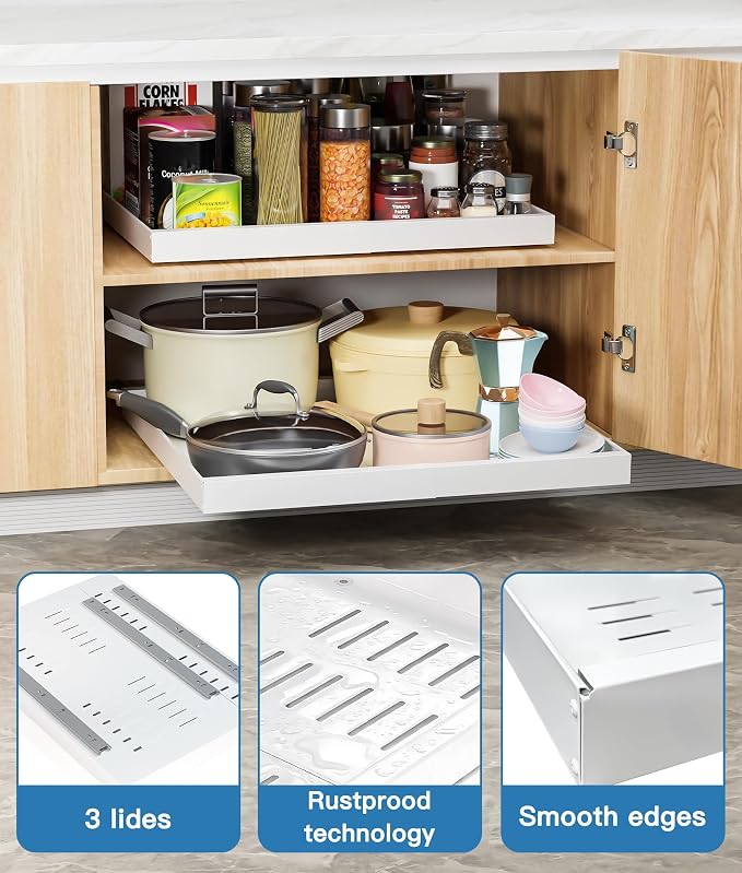 2 Pack Pull Out Cabinet Organizer, No-Drill Expandable Slide Out Drawers for 21" Deep Cabinets (12.3"-21.8" Width), 3-Slide Rail, Easy Assembly pull out drawers for Kitchen, Pantry, Bathroom - White