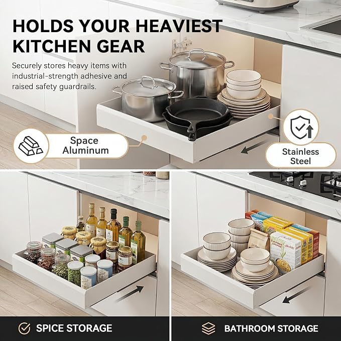 Pull Out Cabinet Organizer, Slide Out Drawers for Kitchen Cabinets, Heavy Duty Cabinet Pull Out Shelves with Adhesive Mount, No-Drill Space Aluminum Rolling Tray for Pantry, Bathroom & Base Cabinets