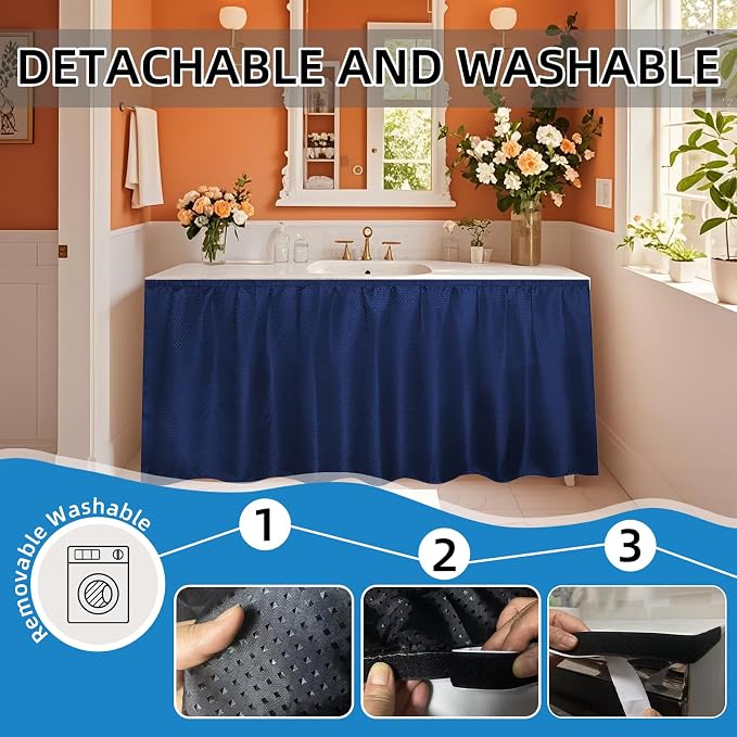 Fabric Sink Skirt Waterproof Self-Adhesive Bathroom Sink Skirt Diamond Stitch Design, 55 x 32 Inches, Adds Under Sink Storage (Dark Blue)