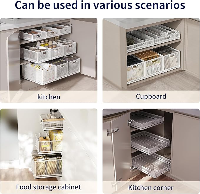 Pull Out Cabinet Organizer, No Drill Adhesive Sliding Drawers for Kitchen, Metal Mesh Wire Storage Shelf for Pantry & Under Sink, White (9.6" W x 15.7" D x 6.1" H)