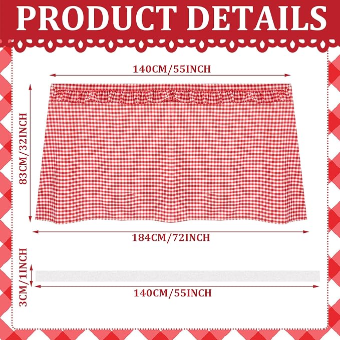 Red Ruffle Gingham Sink Skirt Self-Adhesive Bathroom Stitch Self Stick Adhesive Fabric Under Sink Curtain Skirt 55'' x 32'' for Bathroom Kitchen Laundry Utility Room Decor (32 x 55in)