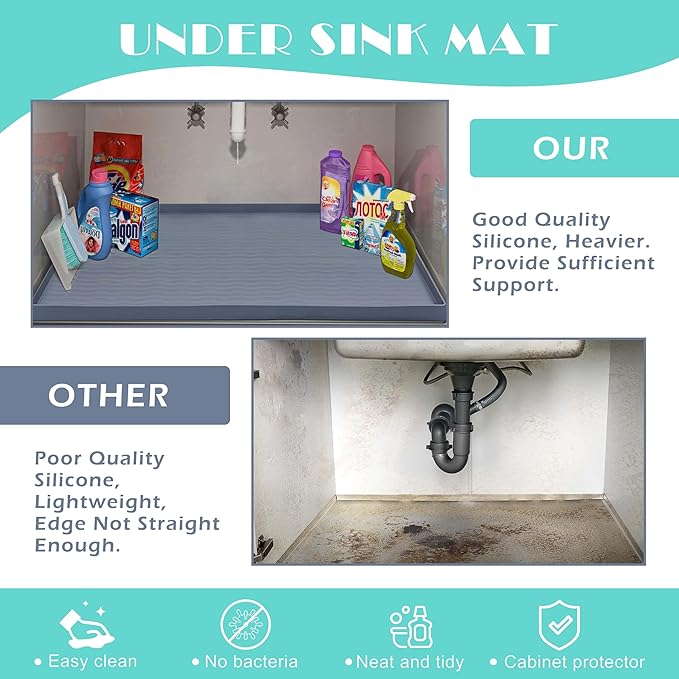 URMONA Waterproof Silicone Under Sink Mat 40'' x 22'' Shelf Liner for Kitchen and Bathroom, Cabinet and Counter Protector, Storage and Organizers, Litter Mat, Pet Cat Puppy Essentials(Brown)