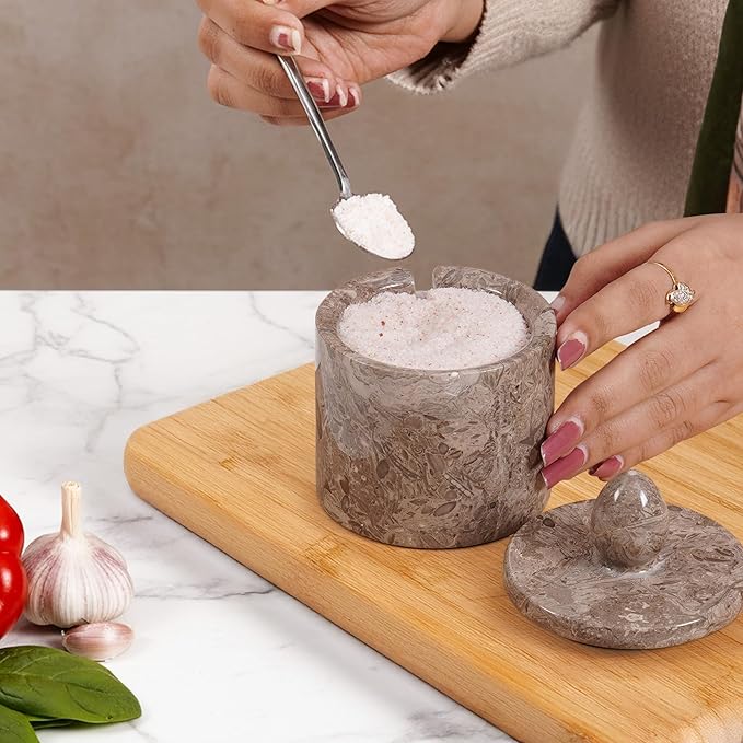Marble Salt Cellar with Lid – Oceanic 4 Inch Table Salt Container, Salt Jar, Salt Dish, Salt Holder, Spice Jar, Sugar Bowl, Seasoning Container, Salt Dispenser for Kitchen Countertop