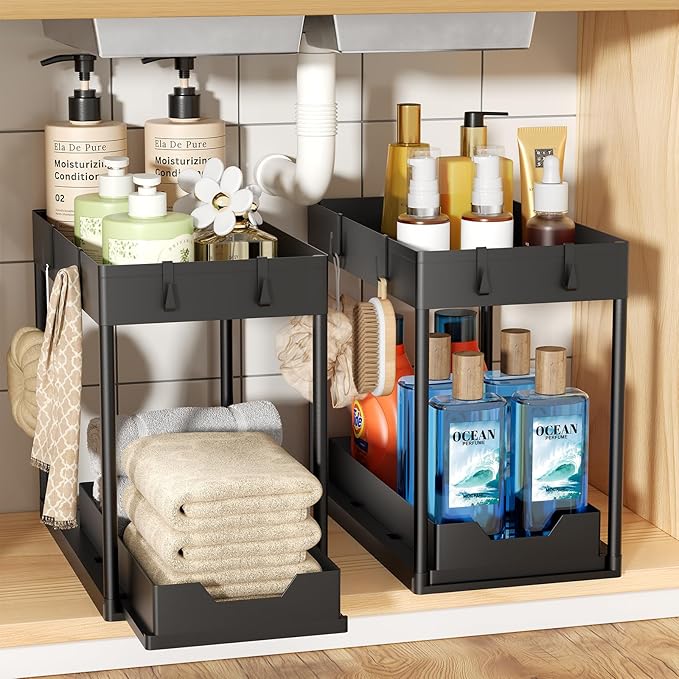 Ekisemio Under Sink Organizer 2 Pack, 2-Tier Pull-Out Bathroom Organizers and Storage, Sliding Cabinet Basket for Kitchen, Black | Sliding Drawer