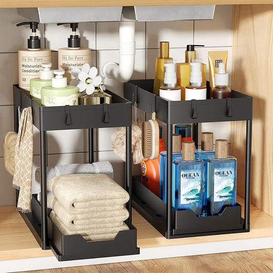 Ekisemio Under Sink Organizer 2 Pack, 2-Tier Pull-Out Bathroom Organizers and Storage, Sliding Cabinet Basket for Kitchen, Black | Sliding Drawer