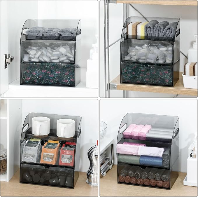 Plastic Under Sink Organizer with Drawers, Gray Kitchen and Pantry Storage Container for Trash Bags, Dishwasher Detergents, Sponge, Large Laundry Pods Dispenser with Handle for Cabinet