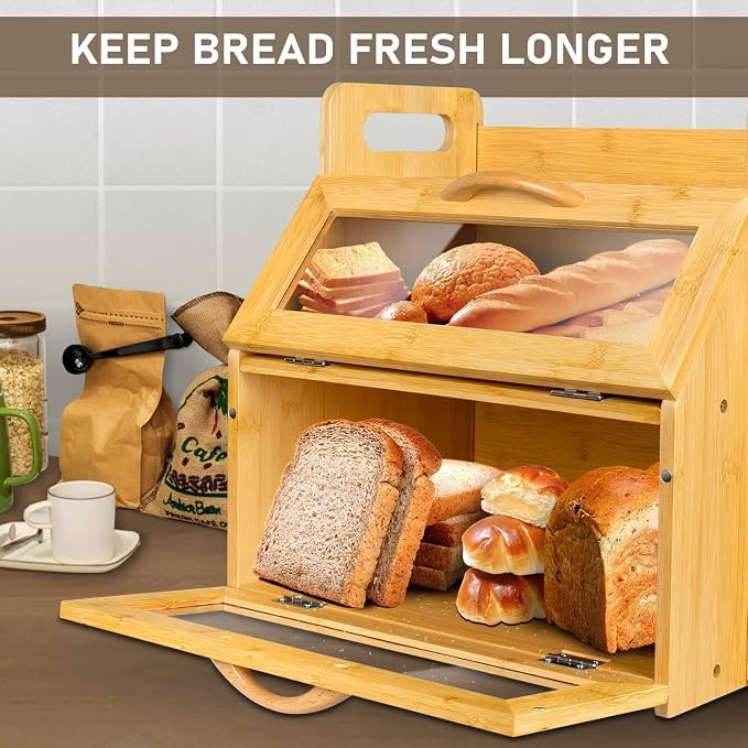 BAMBANG Extra Large Bread Box, Double Layer Bread Box for Homemade Bread, Bamboo Wooden Bread Storage Container with Tool Holder & Handles & Window, Assembly Required(14.9" x 11" x 15.3") Natural