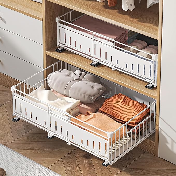 Expandable Pull Out Cabinet Organiser, No Drill Adhesive Slide Out Kitchen Drawer Shelf Durable Metal for Under Sink, Cupboard, Pantry, Adjustable Width (12.8"-19.7") (Style A White, 2 Pack)