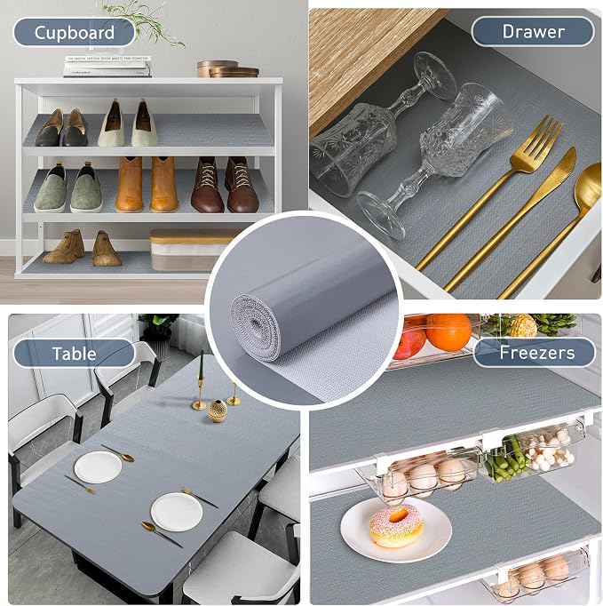 Drawer and Shelf Liner, Non-Slip Kitchen Cabinet Liners Non-Adhesive Thick Strong Grip Waterproof Washable Mats Protect Dresser Shelves Cupboard Bathroom Cabinets, Pure Gray, 18 in X 10 FT