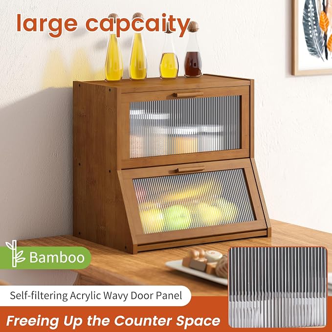 GHWIE Double Layer Bamboo Bread Box for Kitchen Counter,Large Capacity Bread Storage Bin,Bread Container with Acrylic Wavy Door Panel (Brown, Extra Large)