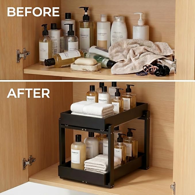 Bamboo Under Sink Storage 2 Tier Pull Out Cabinet Organizer Slide Out Under Sink Storage Shelf Undersink Organizers Shelves for Kitchen Bathroom Organization (Black, 2 Pack)