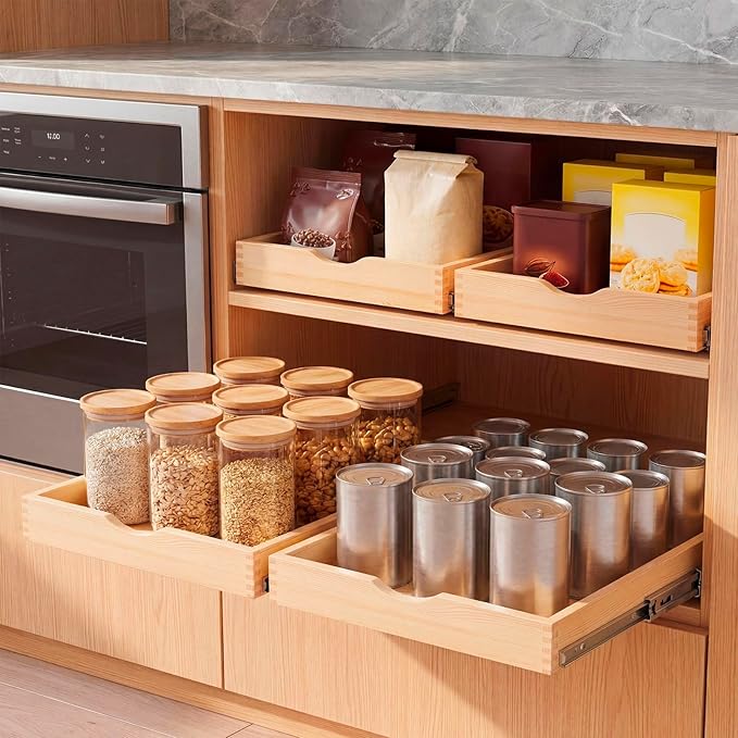 Menkxi 2 Set Wooden Pull out Cabinet Organizer Fully Assembled Slide out Pantry Drawer with Gentle Close Storage Shelf Tray for Base Kitchen Under Sink Bathroom (Wood Color,14'' X 21'' X 3'')