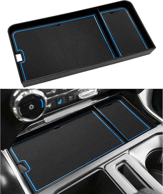 Center Console Organizer Tray for Ford F150 2021-2024/Lightning XLT 2022-2024 Interior Accessories Hidden Insert Storage Box with USB Hole Fit Front Shifter Open Pocket (Blue)