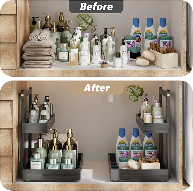 Bamboo Under Sink Storage 2 Tier Pull Out Cabinet Organizer Slide Out Under Sink Storage Shelf Undersink Organizers Shelves for Kitchen Bathroom Organization (Black, 2 Packs)