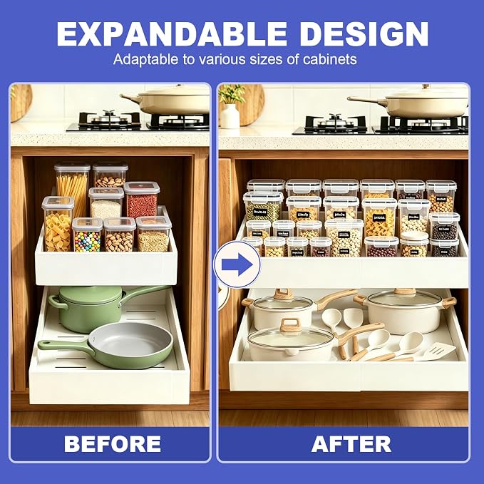 Expandable Pull Out Cabinet Organizer, No-Drill Pull Out Drawers, Roll-Out Shelf with Adhesive Pad & 3 Slide Rails for Framed Cabinets, Kitchen Pantry, 21" Deep, 12.2"-20.4", White, 4 Pack