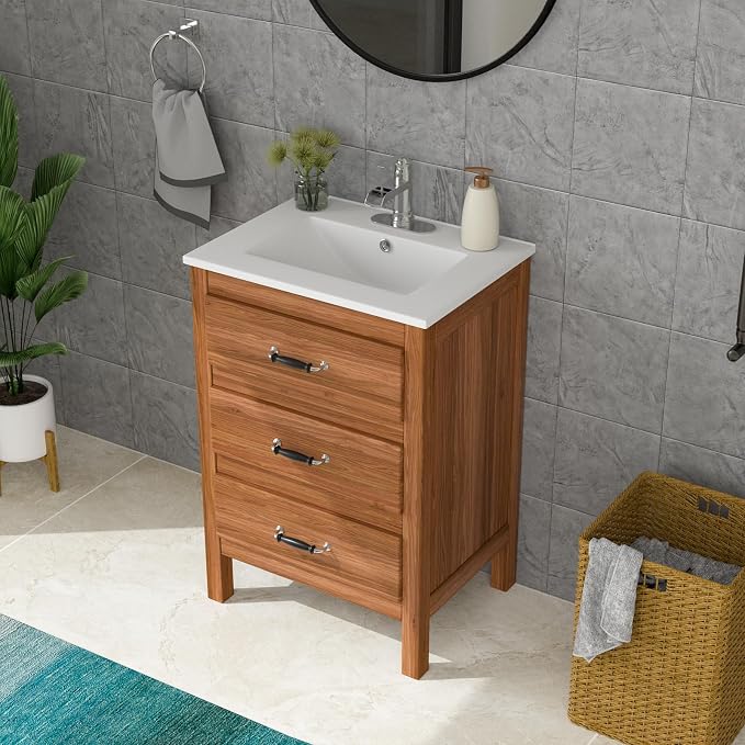 Lordear White Bathroom Sink 24 X18 Inch Vanity Sink Tops One Hole Drop In Porcelain Ceramic Bathroom Vanity Top Sink Basin 24" Inch Sinks for Bathroom