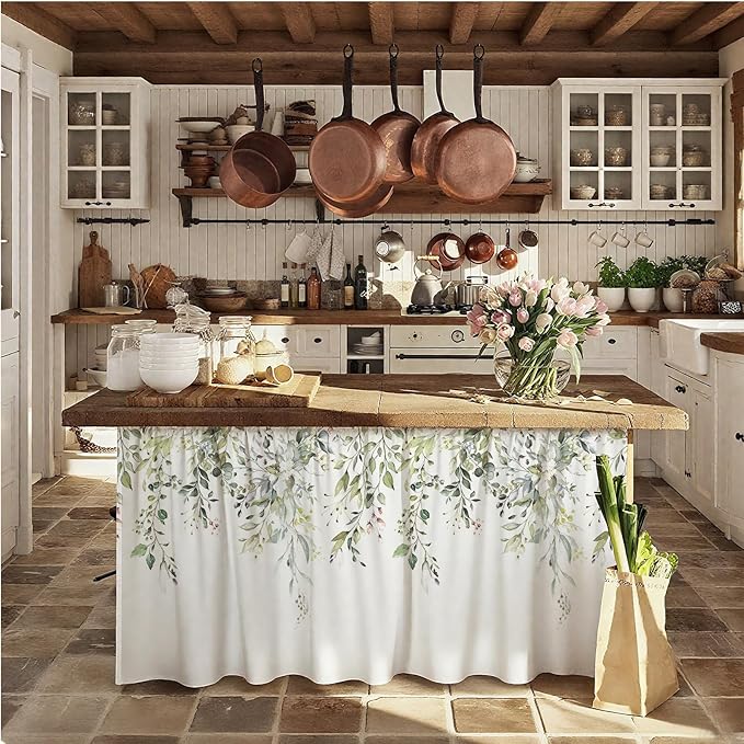 MUGINYU Cabinet Curtains 28" W x 51" L Sink Skirt for Bathroom,Green Leaves Short Curtains for Kitchen &Classroom,Farmhouse Spring Floral Boho Closet Dishwasher Curtain with Velcro