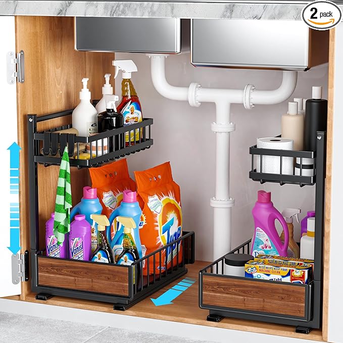 Cadrim Under Sink Organizer 2 pack, Pull Out Cabinet Organizer Shelf 15.75 * 13.78 * 10.3 inch，Organizers and Storage with Sliding Drawer, Under Sink Storage for Kitchen Bathroom Cabinet