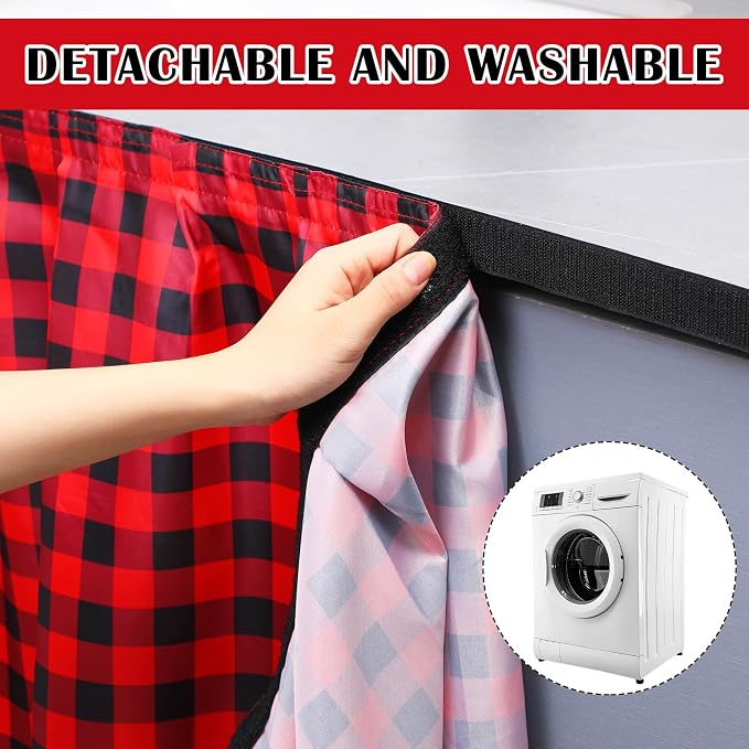 Fabric Sink Skirt Diamond Bathroom Stitch Self Stick Adhesive Waterproof Fabric Under Sink Curtain Skirt 55 x 32 Inch Adds Bathroom Storage(Red and Black,Classic Style)