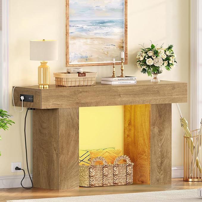 47.2" Entryway Table, Console Table with Charging Station and Adjustable LED light, Farmhouse Wood Sofa Table, Behind the Couch Table, Narrow Console Table, Entry Table for Hallway, Living Room