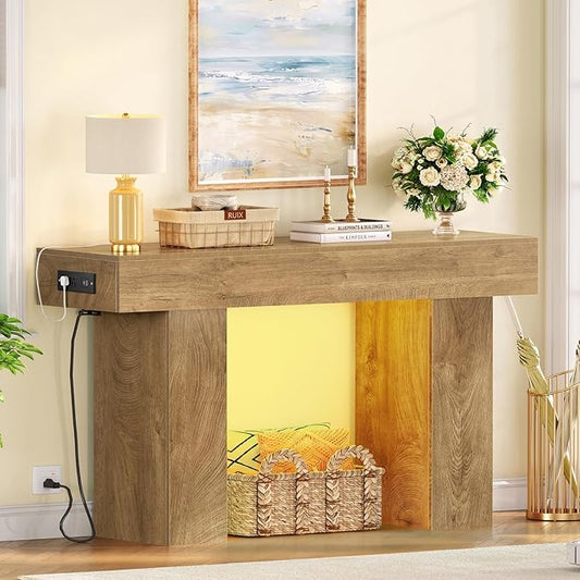 47.2" Entryway Table, Console Table with Charging Station and Adjustable LED light, Farmhouse Wood Sofa Table, Behind the Couch Table, Narrow Console Table, Entry Table for Hallway, Living Room