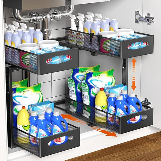 Housolution 2 Pack Under Sink Organizer, 2 Tier Metal Pull Out Under Sink Storage with Sliding Mesh Drawers, Height Adjustable Slide Out Under Sink Organizer for Kitchen Bathroom Cabinet, Black