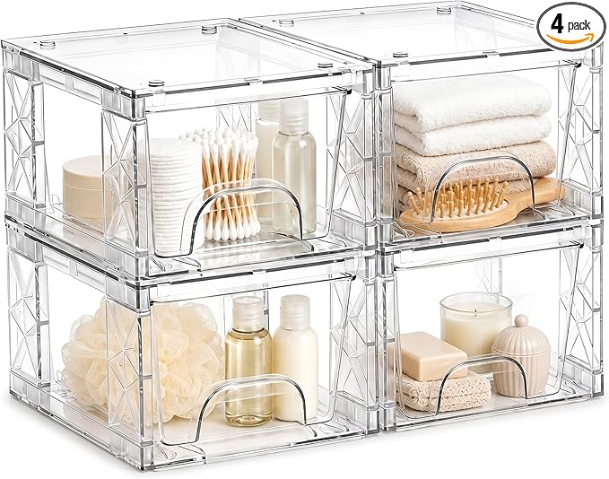 Under Bathroom Sink Organizer Stackable Storage Drawers 4.4in Small Acrylic Medicine Cabinet Bins, Simply Assembled Box Containers for Cosmetics, Bathroom, Kitchen, Snack(4 Pack)
