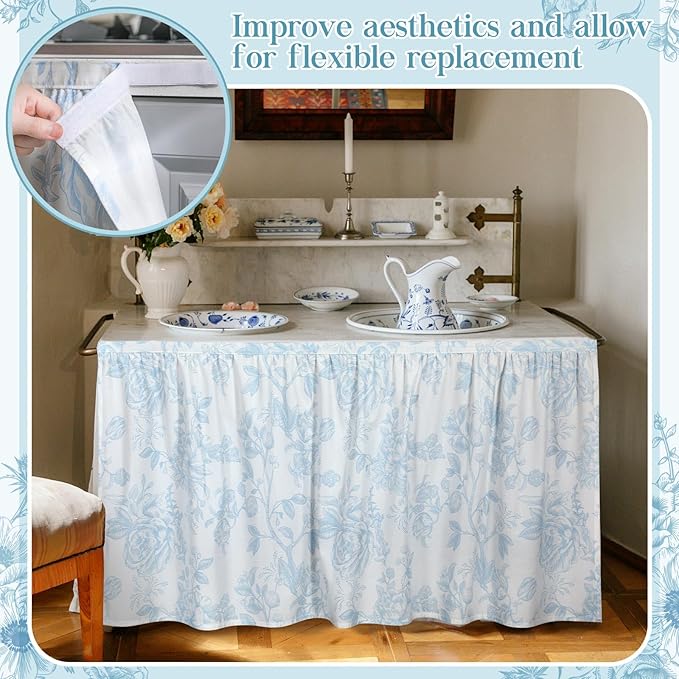 VitalCozy Cabinet Curtain 28" W x 51" L Sink Skirt for Bathroom Kitchen Blue Flower Floral Spring Short Curtain for Home Classroom Farmhouse Rustic Drape Under Desk Privacy Drape for Laundry Room