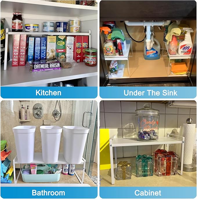 Yuleimy 9" Deep Expandable Cabinet Shelf Organizer, 14" to 26" Adjustable Metal Countertop Riser for Under Sink and Kitchen Cupboard Storage, Heavy Duty 55 Lbs Anti-Sag Central Rod, White, 1-Pack