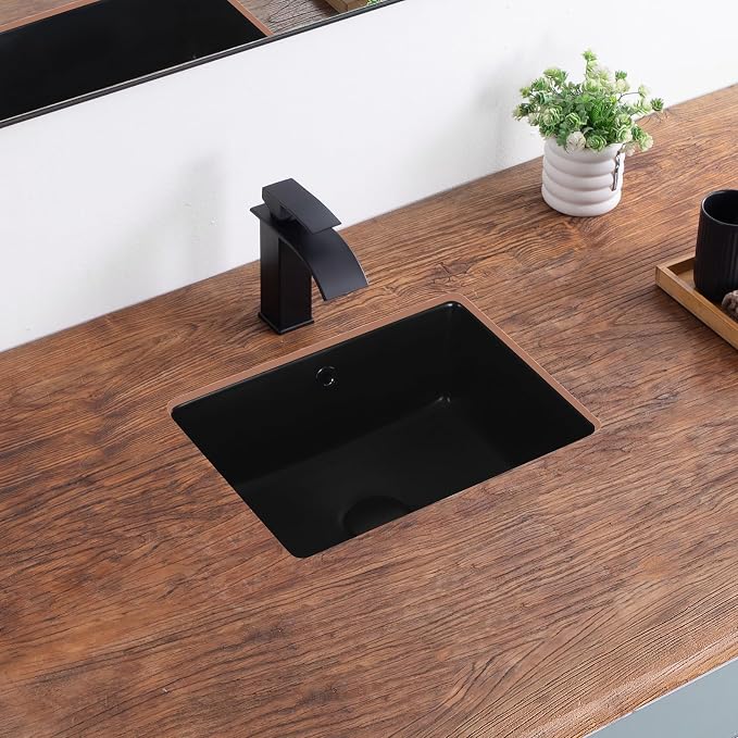 Small Undermount Bathroom Sink 16 Inch Matte Black Rectangular Porcelain Ceramic Vanity Basin with Overflow (15.7"x11.8") KDKSC