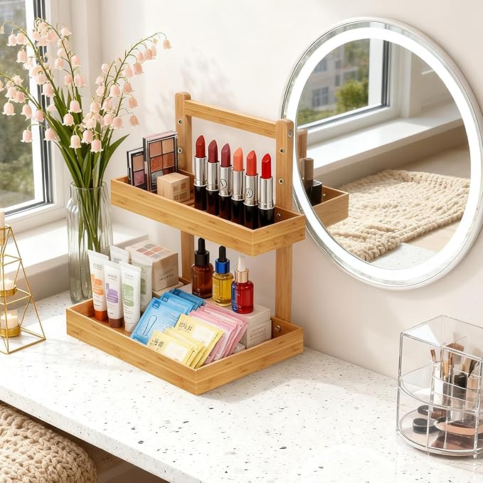 2-Tier Under Sink Pull Out Organizer, Bamboo Cabinet Storage Shelf with Adjustable Height, Slide Out for Kitchen Bathroom Pantry (Natural, 1 Pack)
