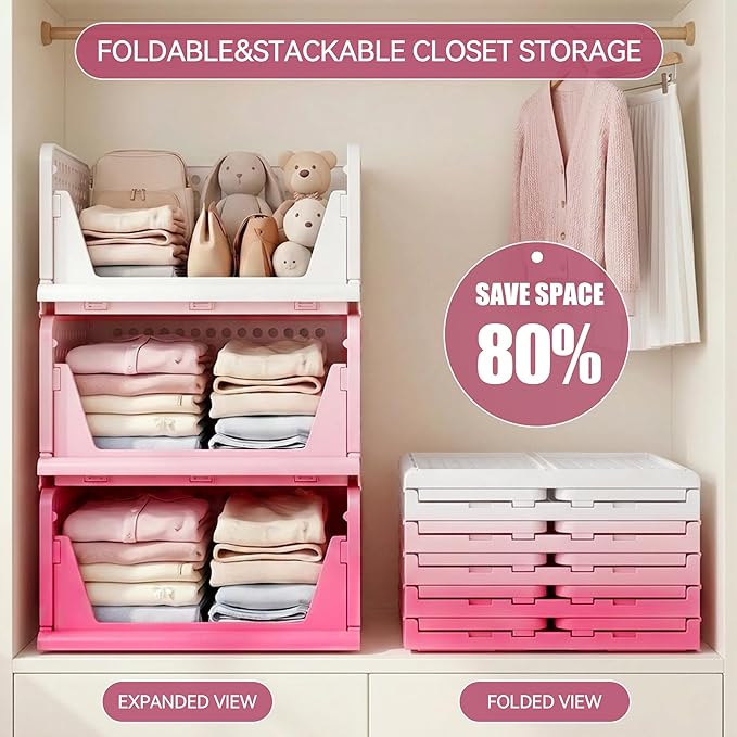 Pink Girl Closet Organizers and Storage Stackable Plastic Drawer Basket for Clothing Stackable Storage Bins Shelf Storage Container for RV Closet Wardrobe Bedroom Bathroom Playroom 8 Pack