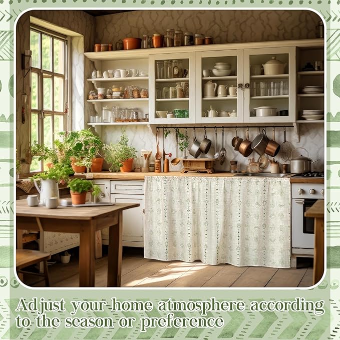 VitalCozy Cabinet Curtain 28" W x 51" L Sink Skirt for Bathroom Kitchen Green Flowers Striped Short Curtain for Home Classroom Farmhouse Rustic Drape Under Desk Privacy Drape for Laundry Room
