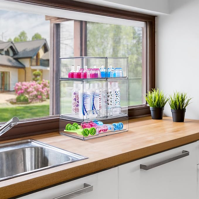 Sorbus Wide Stackable Acrylic Storage Drawers, 6 Pack Clear Plastic Organizer Bins for Baby Bottles, Makeup, Bathroom, Vanity & Countertop Organization, Pull-Out Drawer Design for Cabinets & Pantry