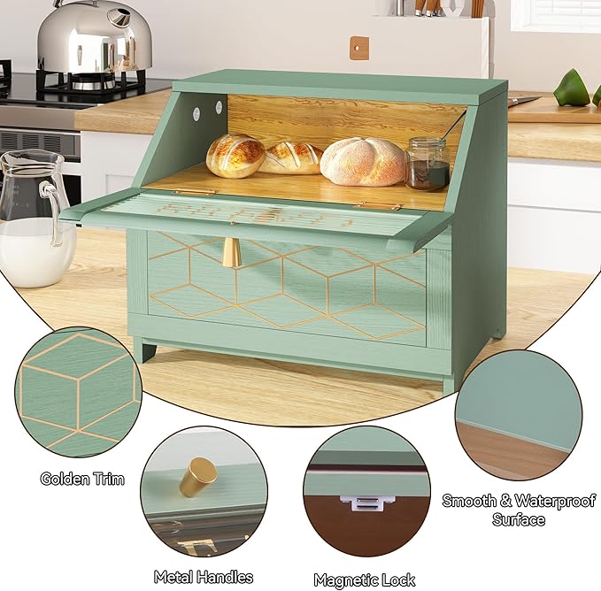HOLTICO Double Layer Bread Box With Golden Trim for Countertop, Wooden Bread Container for Kitchen Counter, Corner Bread Storage (Green)