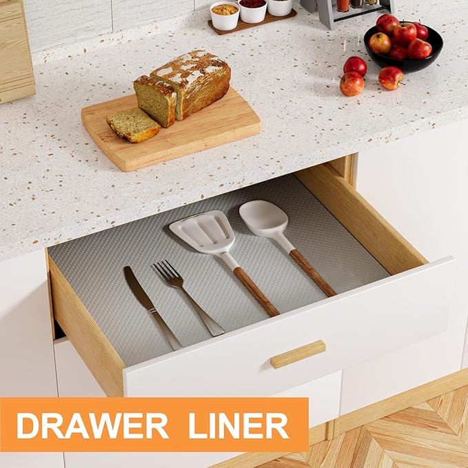 Shelf Liners for Kitchen Cabinets Waterproof: 10 Inch Wide Drawer Liner Light Gray - 10 in × 33 FT Easy to Cut Non-Adhesive Shelf Paper for Pantry