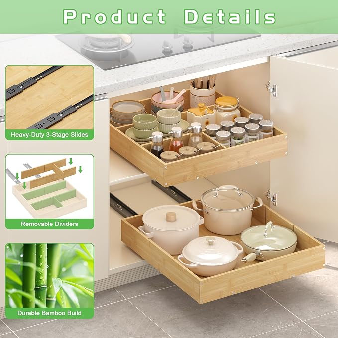 No Drill Pull Out Drawers for Cabinets, 20" W x 21" D Bamboo Adhesive Cabinet Organizer, Slide Out Shelves for Kitchen Pantry Bathroom Storage