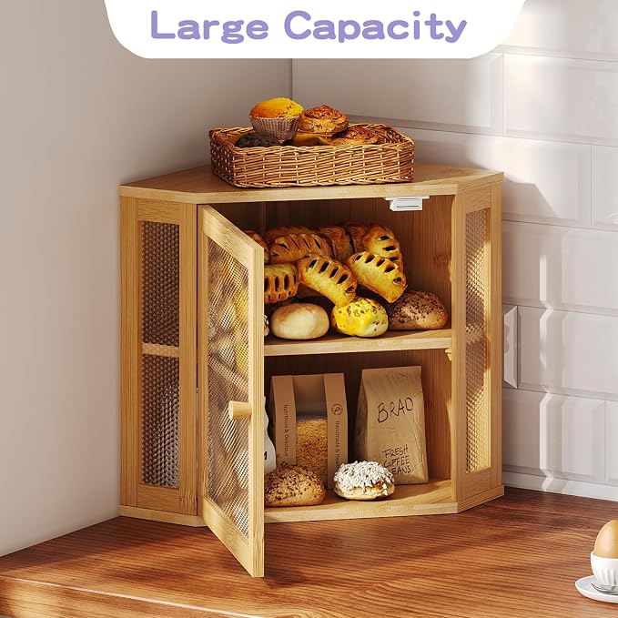 Bamboo Bread Box with Acrylic Window Display,Kitchen Countertop Storage, (Natual, Extra Lage)