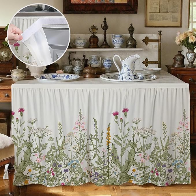 MUGINYU Cabinet Curtains 28" W x 51" L Sink Skirt for Bathroom,Floral Botanical Flower Short Curtains for Kitchen &Classroom,Boho Spring Colorful Leaves Closet Dishwasher Curtain with Velcro