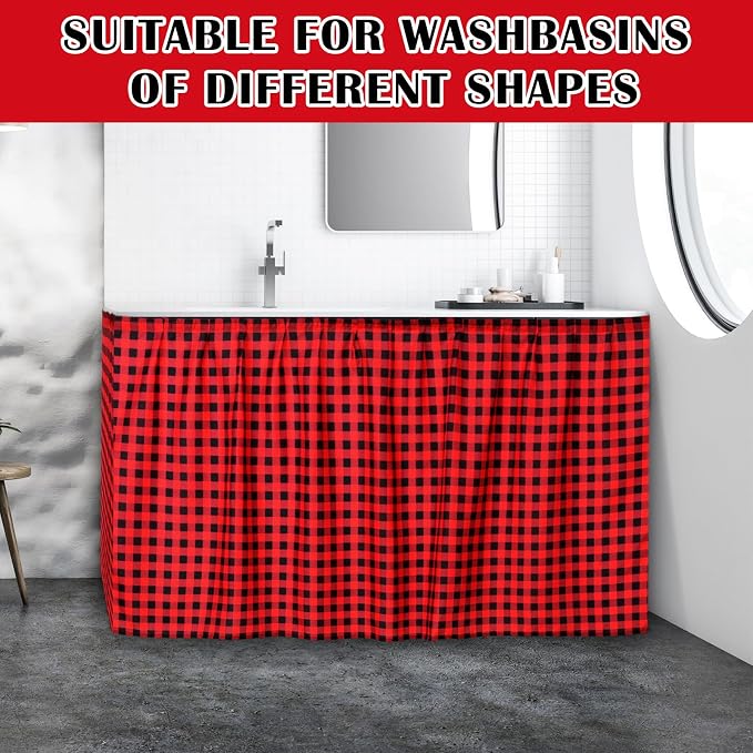 Fabric Sink Skirt Diamond Bathroom Stitch Self Stick Adhesive Waterproof Fabric Under Sink Curtain Skirt 55 x 32 Inch Adds Bathroom Storage(Red and Black,Classic Style)