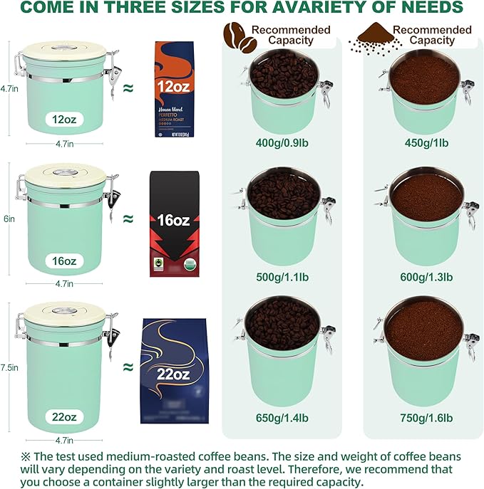 ShanSon Coffee Canister Airtight, Stainless Steel Bean Storage Container with Date Tracker & Scoop, Grounds Sugar Flour Tea Cereal Fits Kitchen Pantry, Ideal Gift for Coffee Lovers,16oz,Green