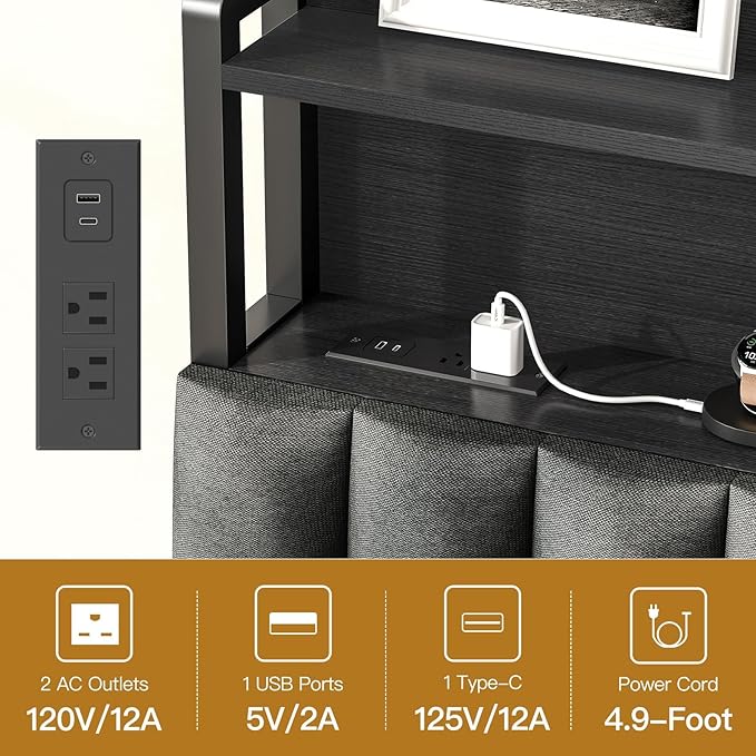 TEENFON Queen Bed Frame with 4 Storage Drawers and LED Lights, Upholstered Headboard with Shelves and Built in Charging Station, Metal Platform Noise-Free/No Box Spring Needed, Black