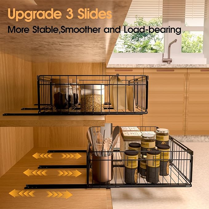 2Pack Expandable Pull Out Cabinet Organizer Adjustable Width 13"-20", Kitchen Organization with Adhesive.Bathroom Under Sink Organizers and Storage,Bedroom Slide out Drawers,Pantry