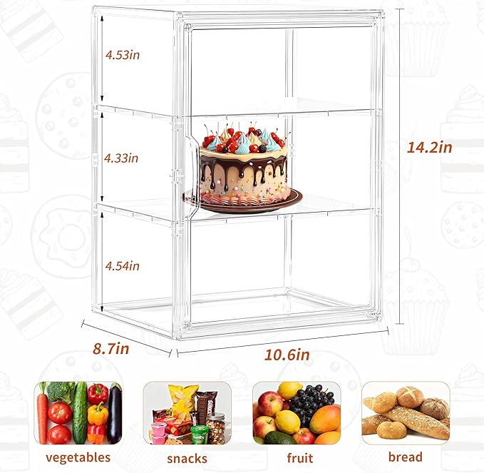 SANKEU Pastry Display Case,Bread Box for Kitchen Countertop,3 Layers Adjustable Clear Bread Storage with Magnetic Door Small Bakery Pastry Display, 2 Pack