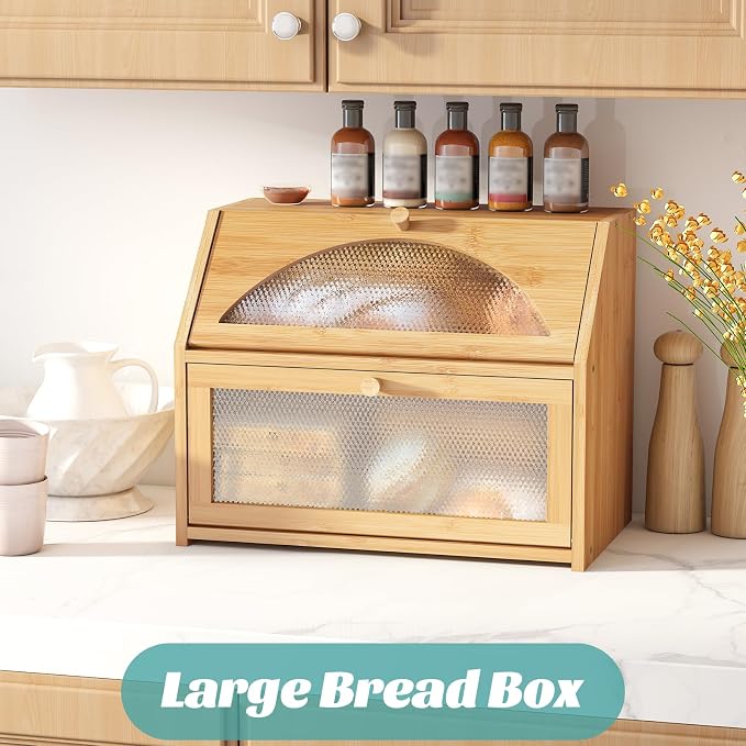 Bread Box, Bamboo Wood Bread Box for Kitchen Counter, Double-layer Bread Storage Bin, Acrylic glass with Diamond Patterns (Natural, Large)